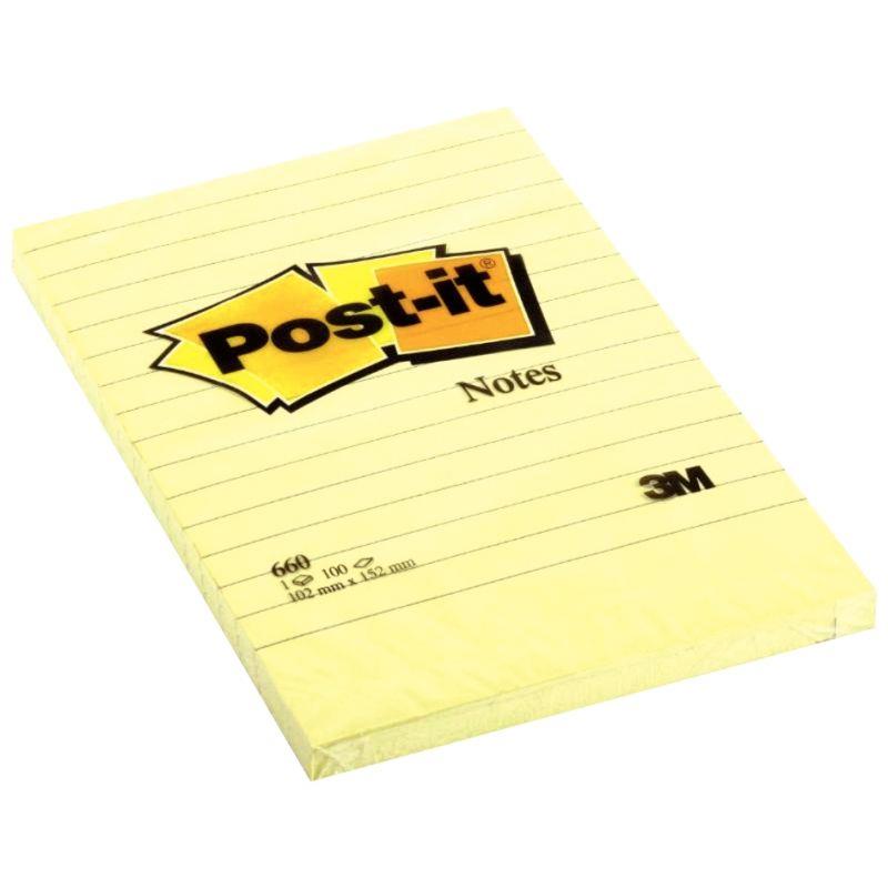 Bloc de 100 feuilles post it notes repositionnables 102x152 mm Jaune ligné