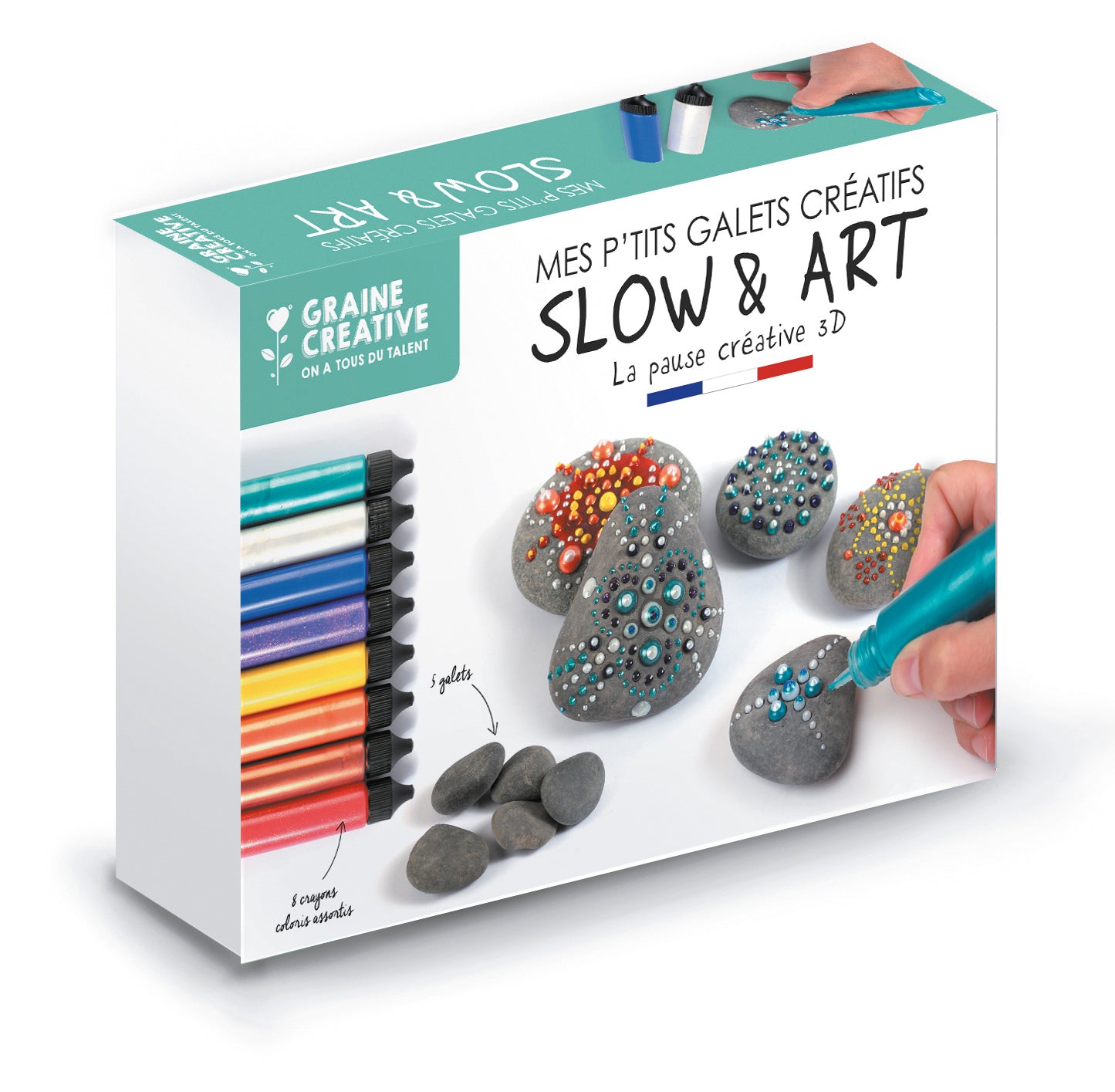 COFFRET MON ATELIER SLOW & ART / 8 CRAYONS + 5 GALETS GRIS Ø 30-50mm