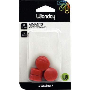 Blister de 6 punaises magnétiques, diamètre 22 mm rouge