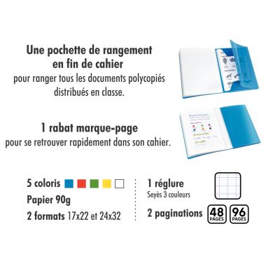 Piqûre 96 pages avec 2 rabats, format 24x32 cm, seyès 90g, couverture polypropylène incolore