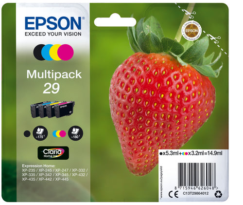 Epson FRAISE / 29 pack de de 4 cartouches jet d'encre noire, cyan, magenta et jaune authentique (T298640)