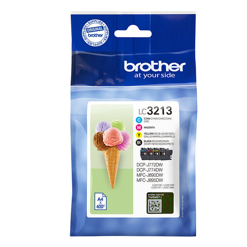 Brother GLACE pack de 4 cartouches jet d'encre noire, cyan, magenta et jaune haute capacité authentique (LC3213VALBP)