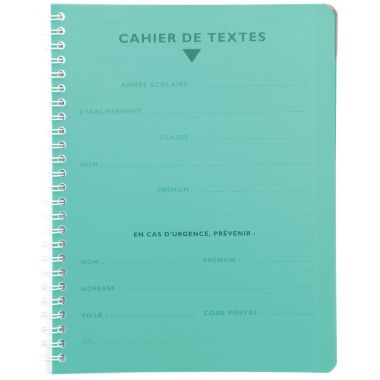 Cahier de texte à reliure intégrale 124 pages, couverture en polypropylène, format 17x22 cm, séyès, papier 90g