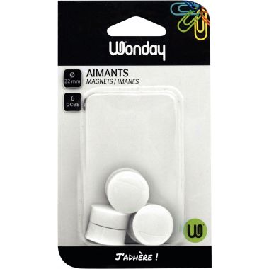 Blister de 6 punaises magnétiques, diamètre 22 mm.  Blanc