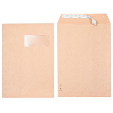 Boite de 250 pochettes kraft 229x324mm 90g bande siliconée fenêtre 50x100mm