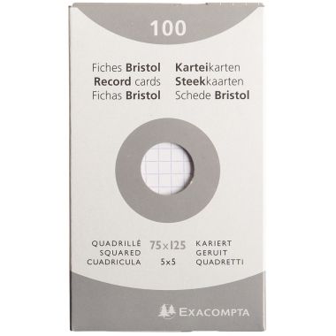Etui de 100 fiches bristol non perforées carte forte 205 g blanc quadrillé 5x5 format 7,5x12,5 cm