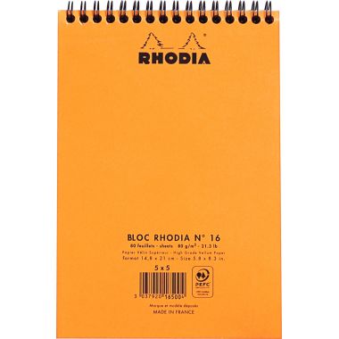 Bloc-notes à reliure intégrale RHODIA orange, format A5, 160 pages, quadrillé 5x5, papier 80g