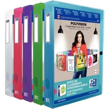 Carton de 8 boites de classement personnalisables en polypropylène dos 4 cm, coloris assortis