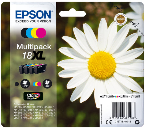 Epson PAQUERETTE / 18XL pack de de 4 cartouches jet d'encre noire, cyan, magenta et jaune haute capacité authentique (T181640)