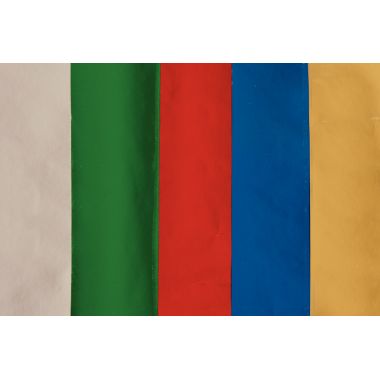 Carton de 10 rouleaux de papier métallisé 1 face 200 x 70 cm couleurs assorties ( coloris bleu, vert, rouge, or et argent )