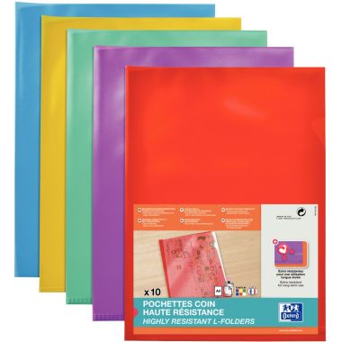 Paquet de 10 pochettes coin en PVC lisse 15/100ème, coloris assortis