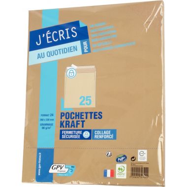 Paquet de 25 pochettes kraft 260x330mm 90g bande siliconée