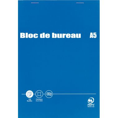 Bloc de bureau 100 feuilles, format A5, quadrillé 5x5, papier 60g