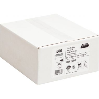 Boîte de 500 enveloppes blanches DL 110x220 80g/m² fenêtre 35x100 autocollantes