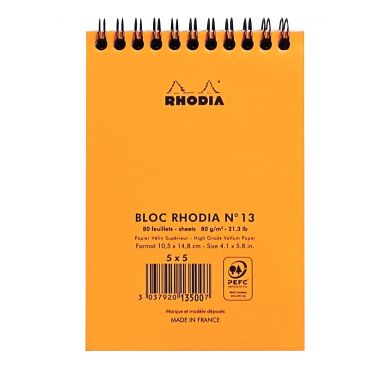 Bloc-notes à reliure intégrale RHODIA orange, format A6, 160 pages, quadrillé 5x5, papier 80g