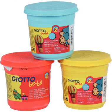 Set de 3 pots de 220G de pâte à jouer GIOTTO bébé couleurs assorties : jaune, bleu et rouge à base d'ingrédients naturels