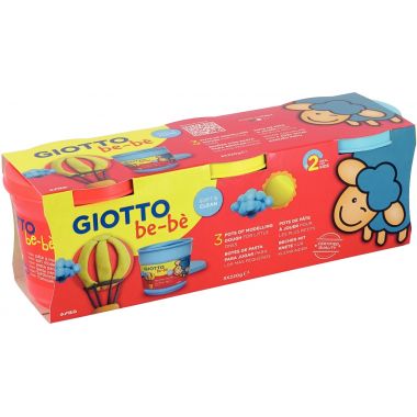 Set de 3 pots de 220G de pâte à jouer GIOTTO bébé couleurs assorties : jaune, bleu et rouge à base d'ingrédients naturels