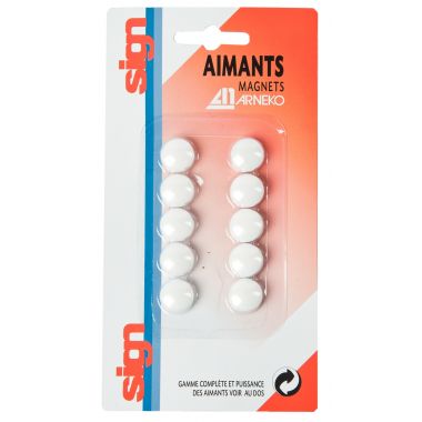 Blister de 10 punaises magnétiques, diamètre 12 mm.  Blanc