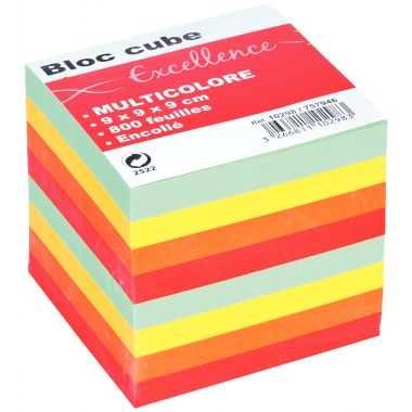 Bloc cube multicolore d'environ 800 feuilles encollées, dimensions : 9 x 9 x 7.5 cm