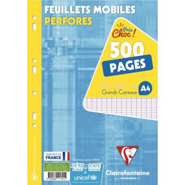 Etui de 250 feuillets mobiles, format A4, séyès, papier 90g, blanc