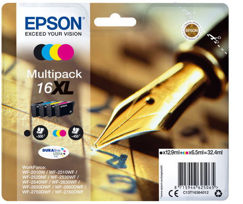 Epson STYLO PLUME / 16XL pack de de 4 cartouches jet d'encre noire, cyan, magenta et jaune haute capacité authentique (T163640)