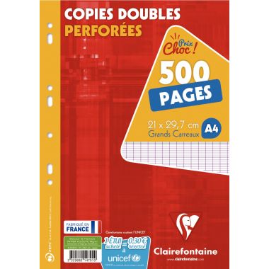 Etui de 125 copies doubles perforées, format A4, seyès, papier 90g, blanc