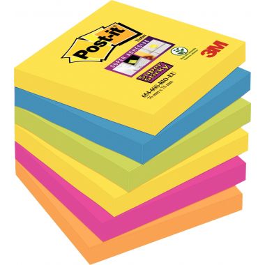 Paquet de 6 blocs de 90 feuilles Super Sticky post-it, 76 x  76 mm, couleurs CARNIVAL : Carnival : jaune soleil, turquoise, vert , rose néon et orange