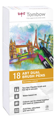 Tombow ABT-18P-2 Lot de 18 Feutres pinceau à 2 pointes, couleurs secondaires, étui