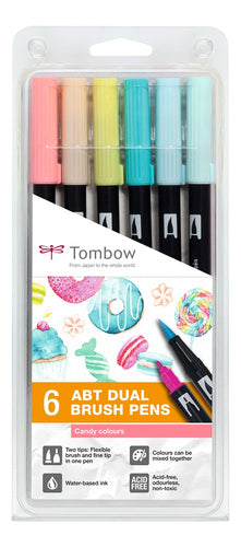 TOMBOW Set de 6 Feutres-pinceau ABT Dual Brush Pen assortis Candy, encre à base d'eau, aquarellables