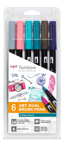 TOMBOW Set de 6 Feutres-pinceau ABT Dual Brush Pen assortis Vintage, encre à base d'eau, aquarellables